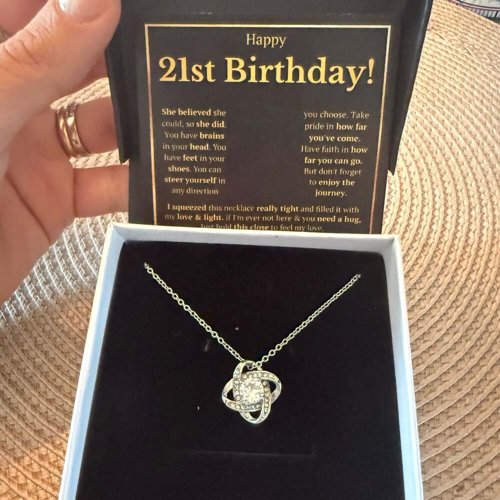 Happy 21st Birthday Cubic Zirconia Love Knot Pendant Necklace with Message Box